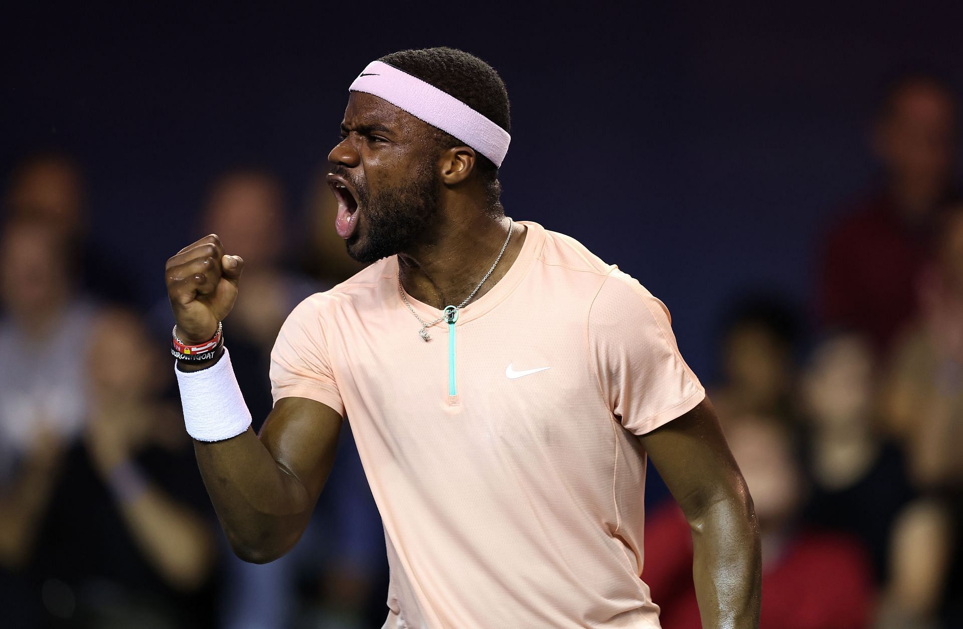 Frances Tiafoe celebrates in his match against Jack Draper at the Rolex Paris Masters